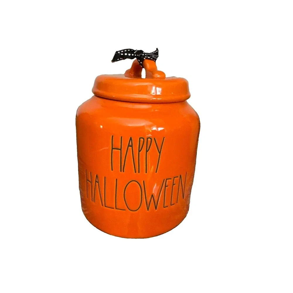 Rae Dunn HAPPY HALLOWEEN Large Chubby Orange Canister Cookie Candy Jar 8